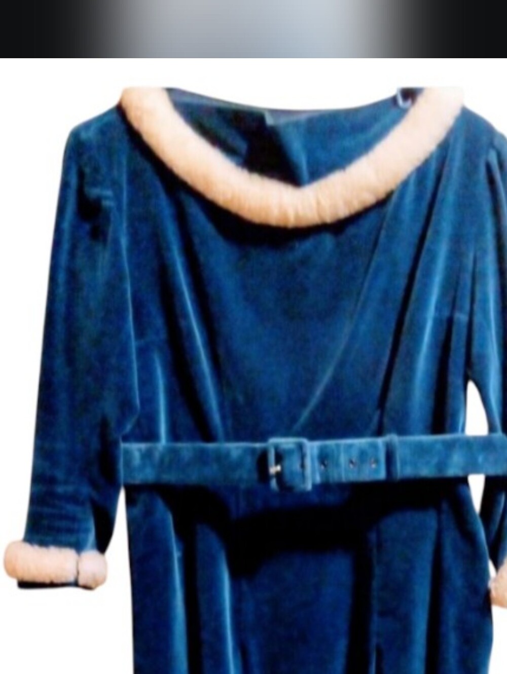 Vintage 1960s Ggg5 The 6 Blue Velvet & Faux Fur Trim Belted Dress, Size Large/XL
